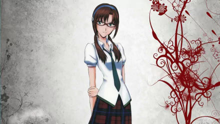 Mari Makinami Illustrious (Evangelion: 2.0) in a school uniform and glasses on a textured gray background with a red floral swirl — HD PC desktop wallpaper.