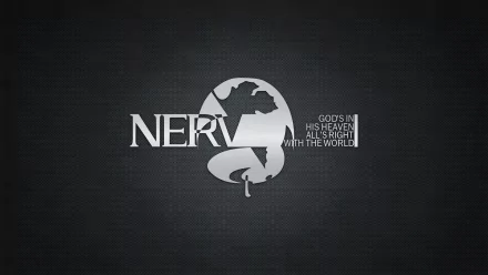 HD desktop wallpaper featuring the NERV logo from Neon Genesis Evangelion, with the phrase God's in his heaven, all's right with the world on a dark textured background.