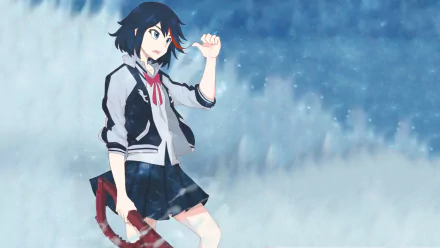 HD PC desktop wallpaper featuring Ryūko Matoi from the anime Kill La Kill, standing with a determined expression against a misty blue background.