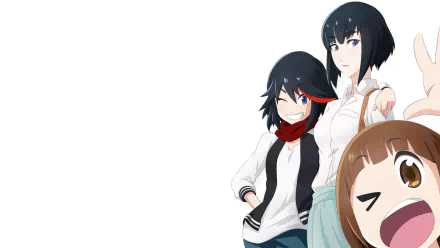 HD PC desktop wallpaper featuring Mako Mankanshoku, Satsuki Kiryūin, and Ryūko Matoi from the anime Kill La Kill with a clean white background.
