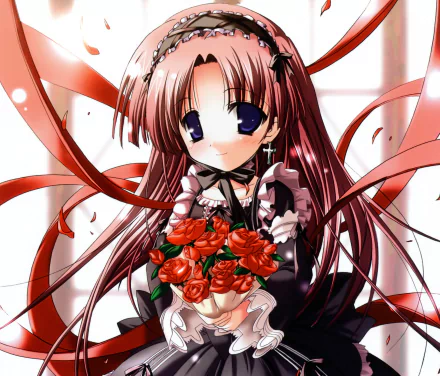 bow (Clothing) blue eyes blush smile brown hair rose bouquet long hair Anime Original HD Desktop Wallpaper | Background Image