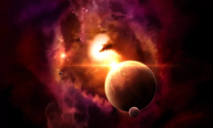 HD sci-fi desktop wallpaper showcasing a glowing planet with a smaller moon against a vibrant, colorful cosmic nebula background.