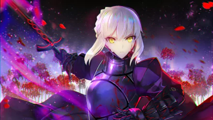 Artoria Pendragon (Saber Alter) from the Fate Series, depicted in a dramatic battle pose with glowing eyes and a dark outfit. This stunning HD desktop wallpaper is inspired by Fate/stay Night Movie: Heaven's Feel.