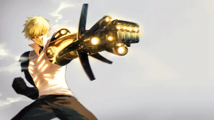 HD anime desktop wallpaper featuring Genos from One-Punch Man, depicted in a dynamic pose with his glowing robotic arm extended against a light background.