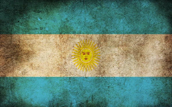 HD PC desktop wallpaper of the flag of Argentina: turquoise-blue and white horizontal stripes with a grunge texture and the Sun of May emblem at center.