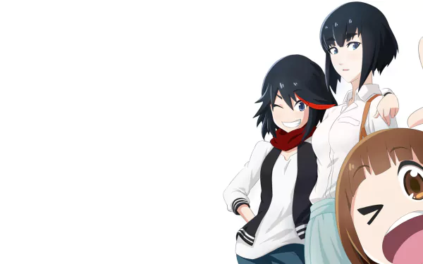 HD PC desktop wallpaper featuring Mako Mankanshoku, Satsuki Kiryūin, and Ryūko Matoi from the anime Kill La Kill with a clean white background.