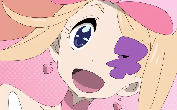 Nui Harime from Kill La Kill in a joyful close-up, pink patterned background with hearts and a purple face mark — HD anime PC desktop wallpaper.