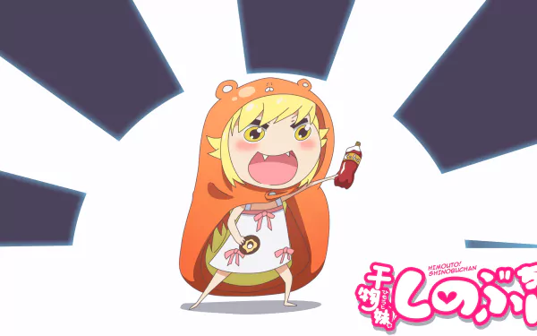 Umaru Doma and Shinobu Oshino anime crossover depicted in vibrant 4K Ultra HD PC desktop wallpaper with dynamic, expressive poses and bright background rays.