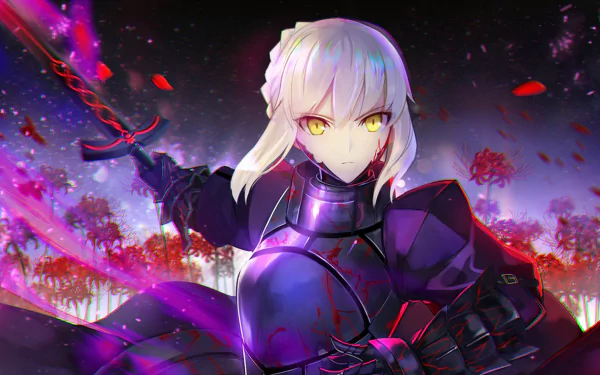 Artoria Pendragon (Saber Alter) from the Fate Series, depicted in a dramatic battle pose with glowing eyes and a dark outfit. This stunning HD desktop wallpaper is inspired by Fate/stay Night Movie: Heaven's Feel.