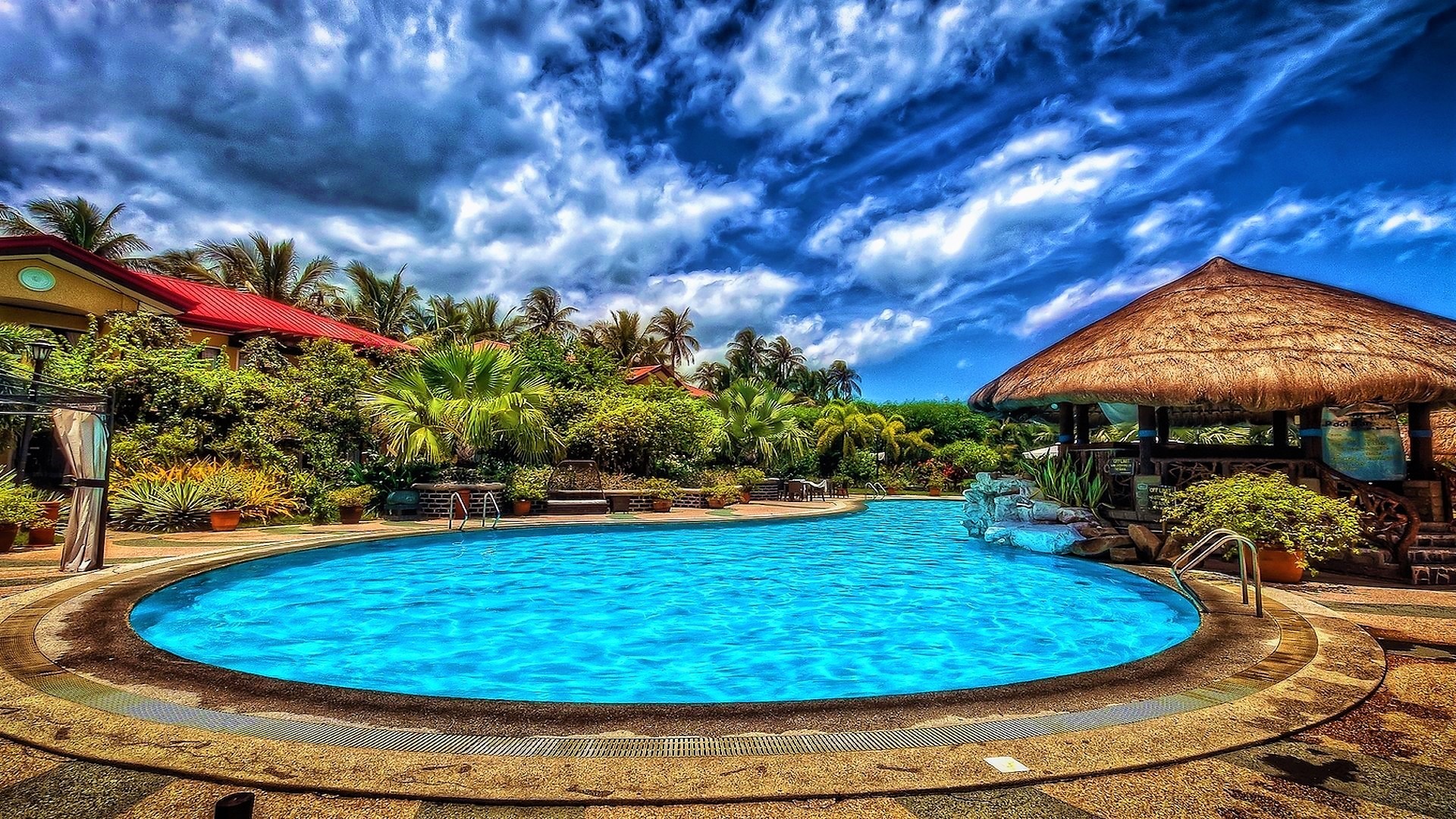 Download Palm Tree Pool Tropical Man Made Resort HD Wallpaper
