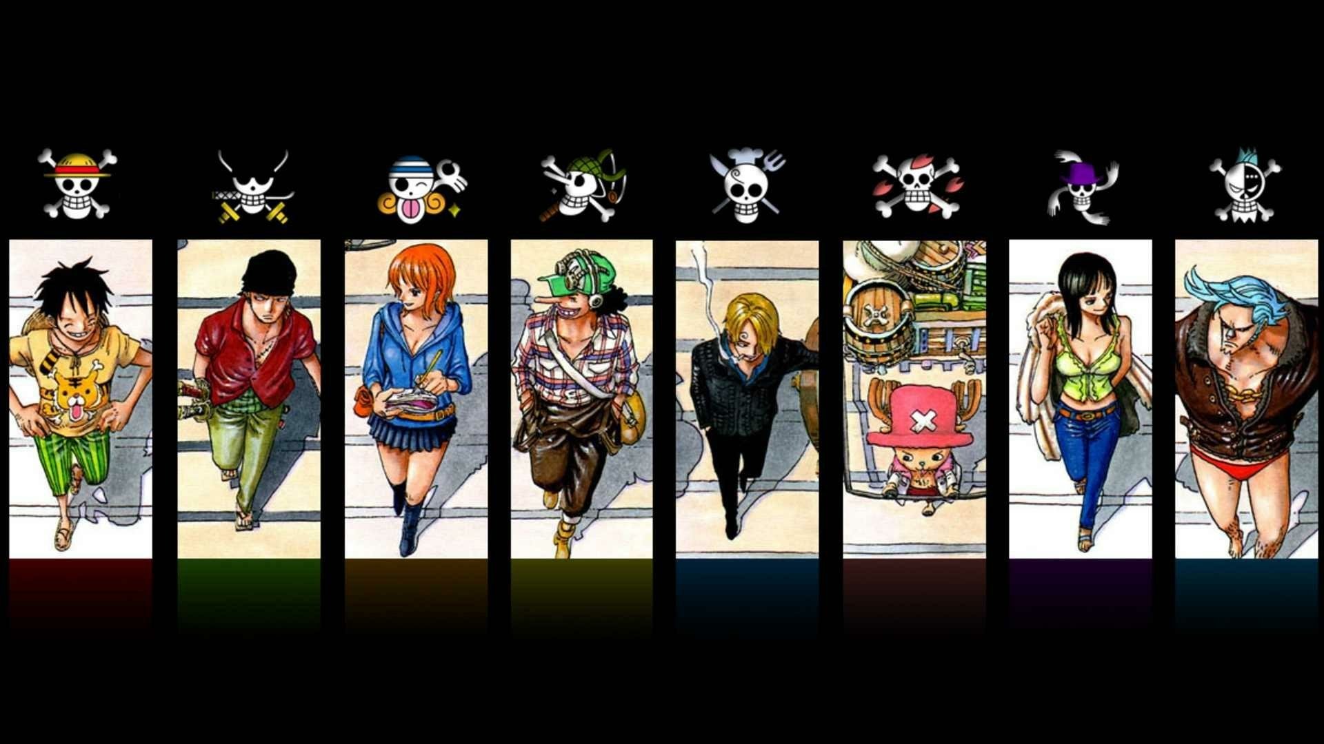 HD PC desktop wallpaper featuring vibrant anime artwork of One Piece characters standing in distinct panels with their iconic jolly roger symbols above.