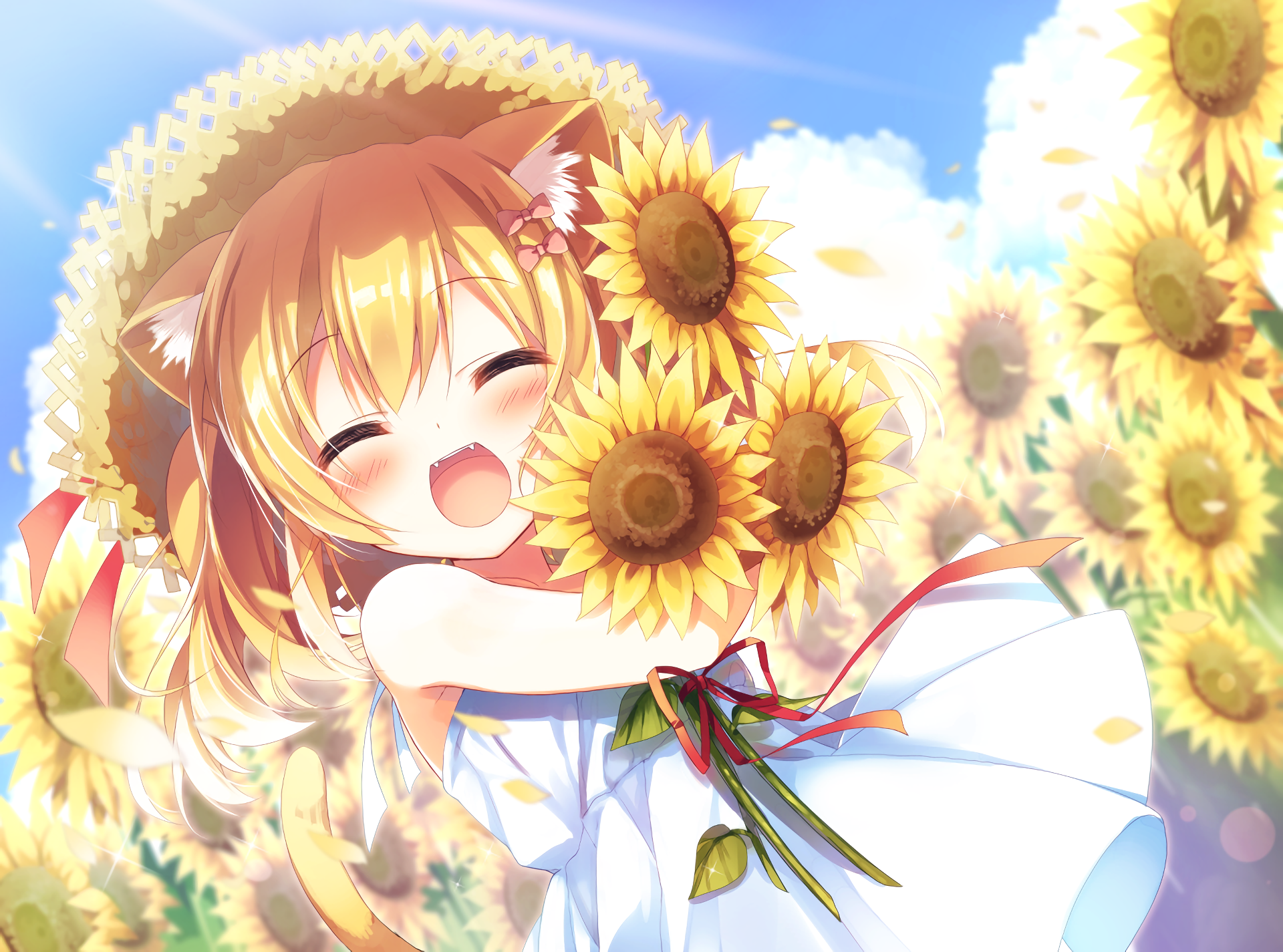 An anime girl with cat ears smiles brightly while holding a bouquet of sunflowers. She is surrounded by more sunflowers and wears a sun hat. This HD wallpaper makes a lively and cheerful background.
