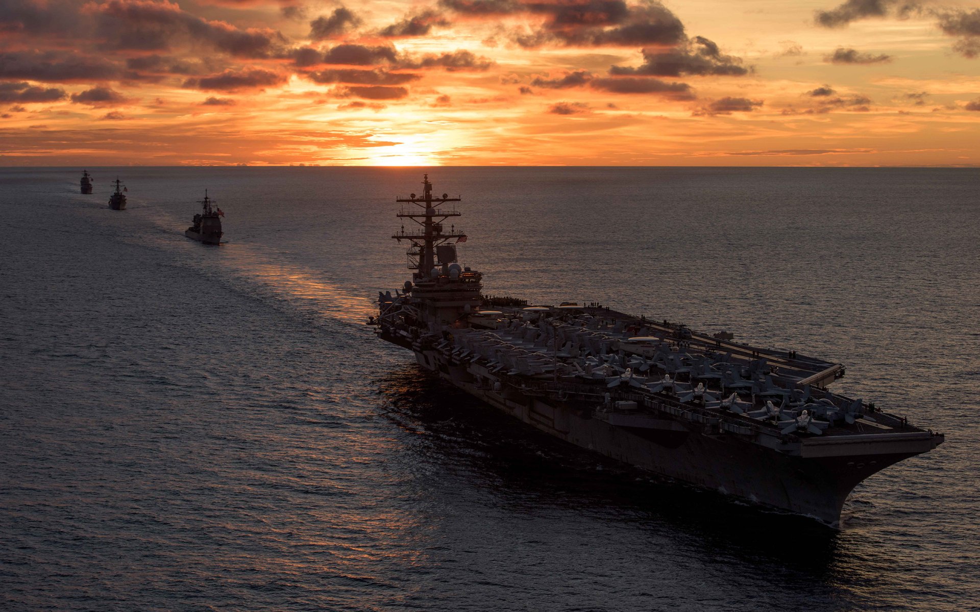 Download Sunset Horizon Aircraft Carrier Warship Military USS Ronald Reagan (CVN-76) HD Wallpaper