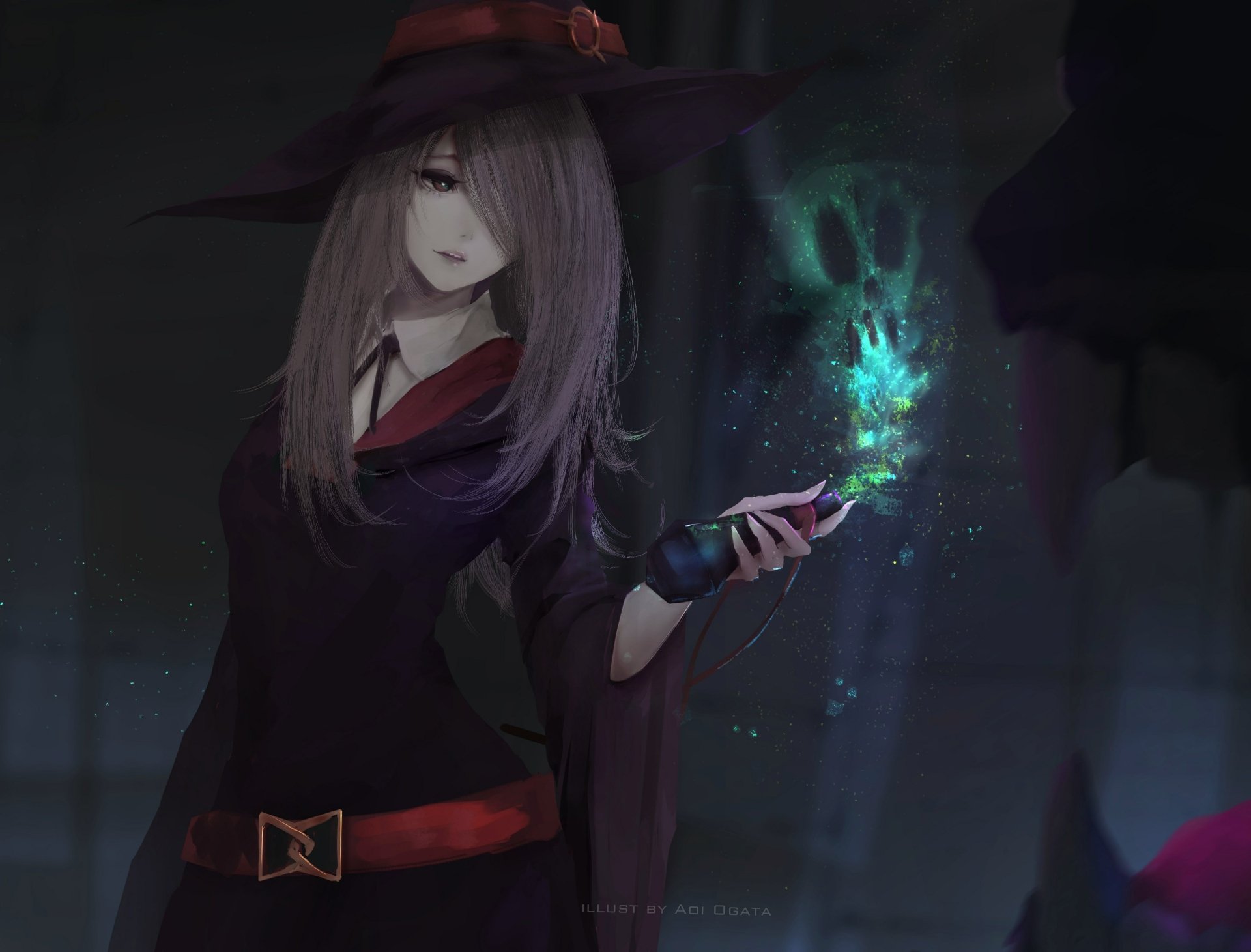 HD desktop wallpaper of Sucy Manbavaran from Little Witch Academia, featuring her with long hair and a magic wand emitting a mystical glow.
