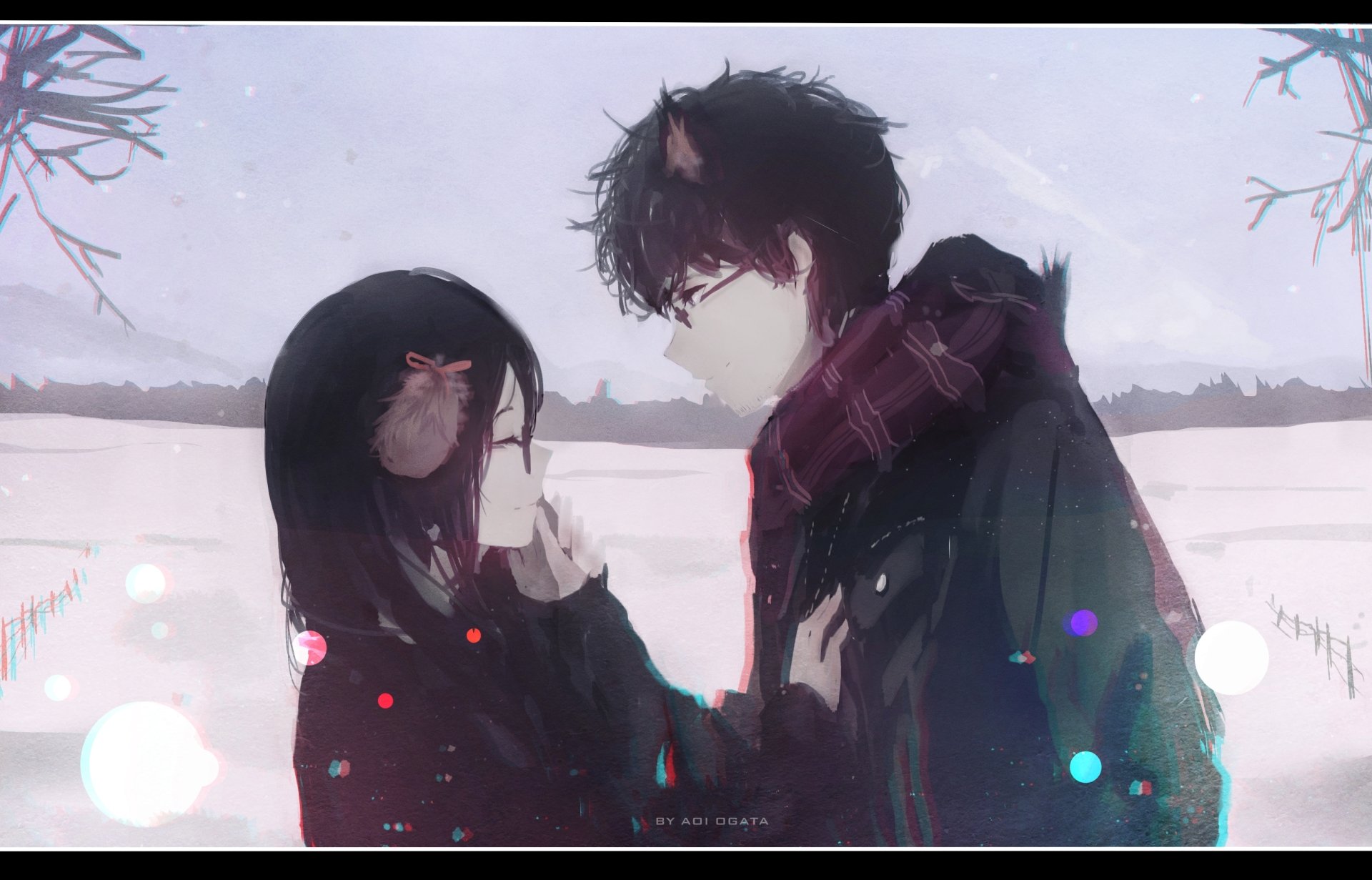 Anime-style HD wallpaper featuring a couple with long hair in a snowy landscape, sharing a tender moment. The background is serene with gentle snowfall, capturing the warmth between the characters.