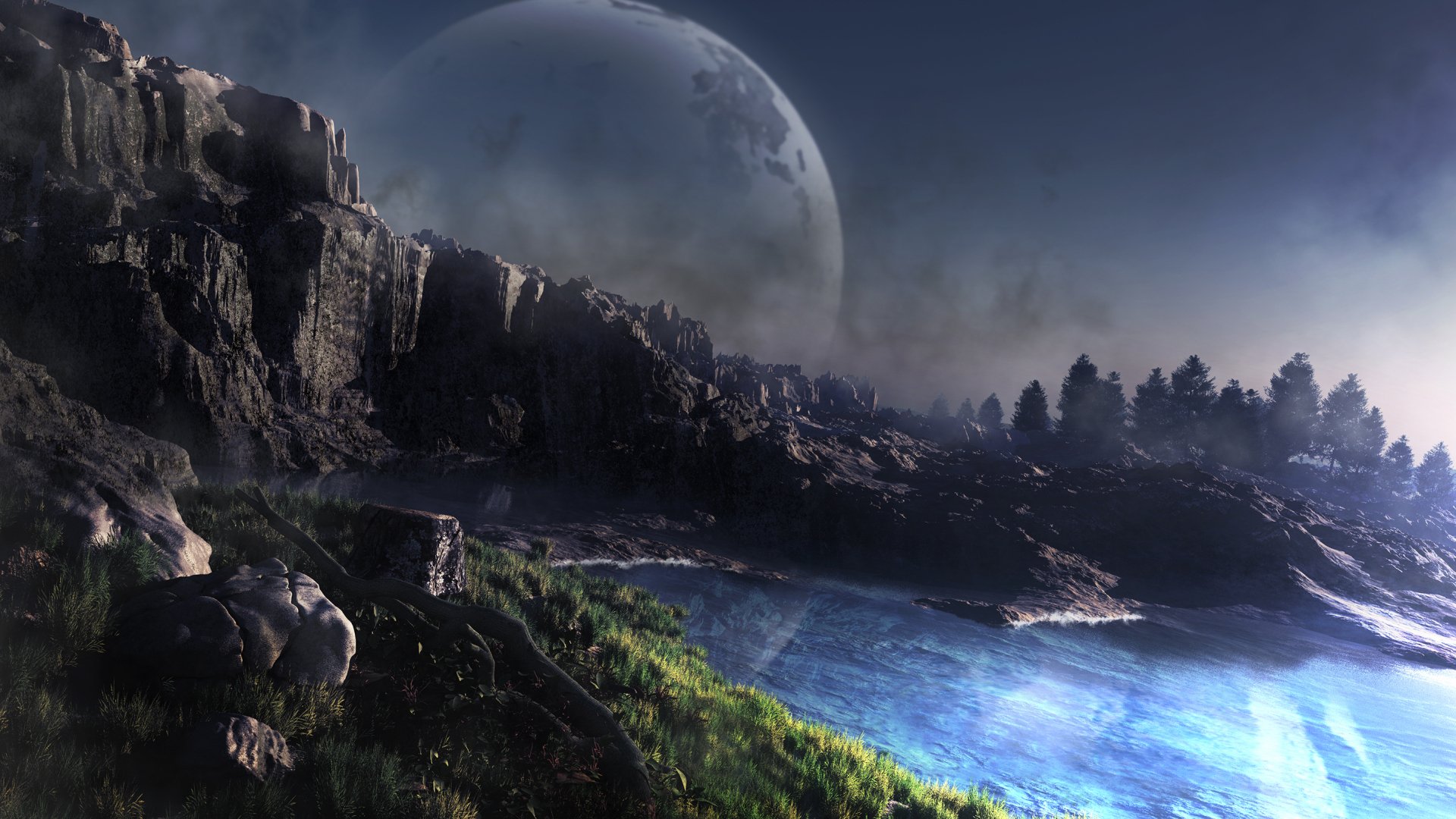 A high-definition fantasy landscape wallpaper featuring a serene lake, rocky cliffs, and a large, partially obscured moon with a backdrop of misty, distant trees.