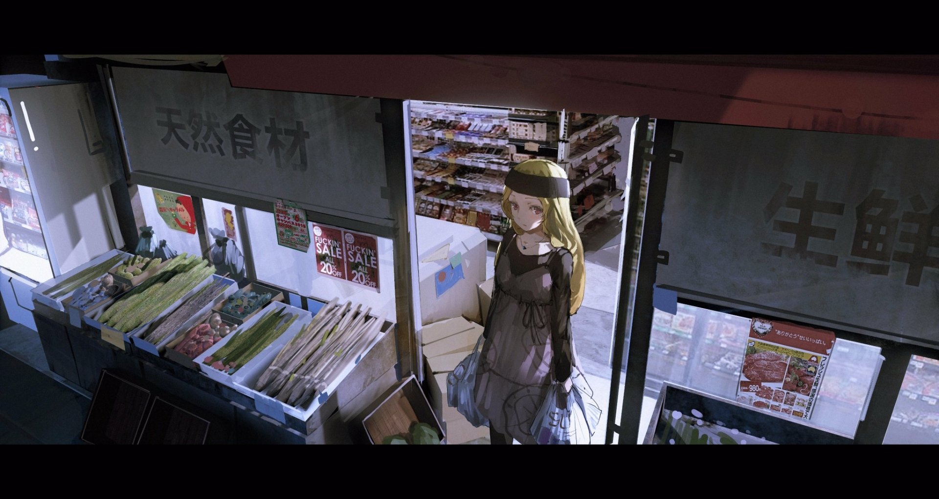 Anime-style blonde girl stands at a night market stall filled with fresh produce, illuminated by soft ambient lighting in this HD desktop wallpaper background.