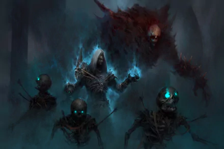 HD PC desktop wallpaper featuring dark, undead skeletons and a Necromancer character from the video game Diablo III, capturing a grim, dark gaming atmosphere.