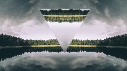 Artistic polyscape: a HD desktop wallpaper featuring a serene lake and forest landscape mirrored within an inverted triangle, creating a surreal and captivating background.
