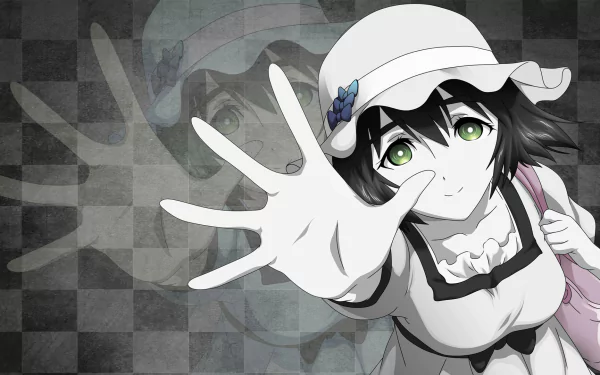 Anime-inspired HD desktop wallpaper featuring a character from Steins;Gate reaching out with a playful expression, set against a textured gray background.