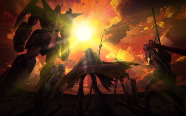 HD PC desktop wallpaper featuring Yoko Littner, Simon, and Kamina from the anime Tengen Toppa Gurren Lagann, silhouetted against a dramatic, fiery sunset background.