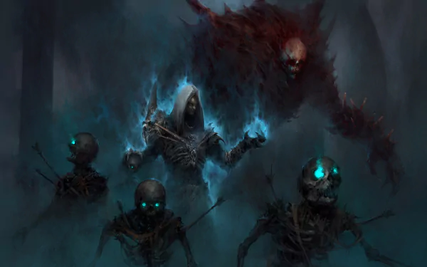 HD PC desktop wallpaper featuring dark, undead skeletons and a Necromancer character from the video game Diablo III, capturing a grim, dark gaming atmosphere.