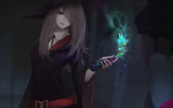 HD desktop wallpaper of Sucy Manbavaran from Little Witch Academia, featuring her with long hair and a magic wand emitting a mystical glow.