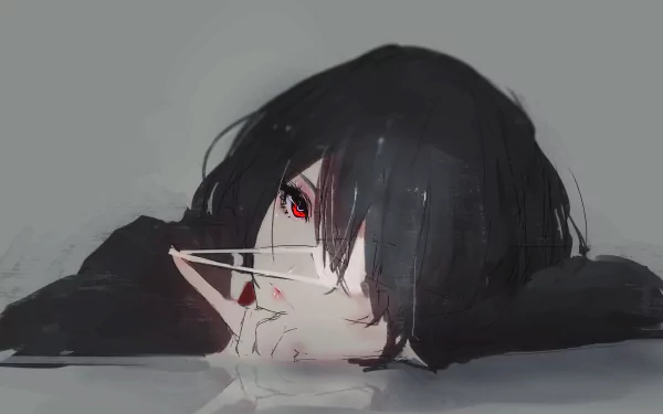 HD desktop wallpaper of Mei Misaki from the anime Another. The image features a reflective scene with Mei's black hair, red eyes, and an eye patch, with a calm, muted background.