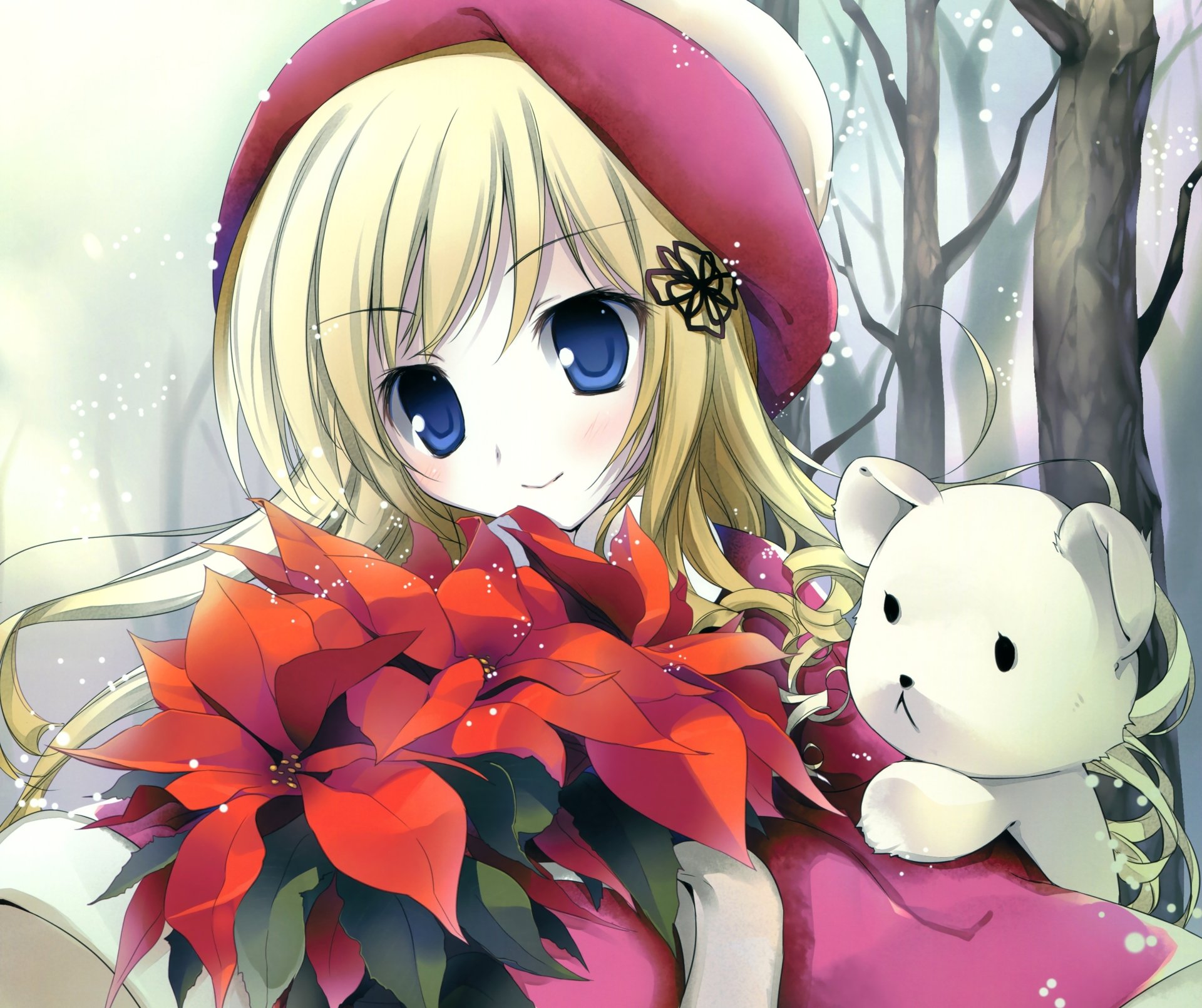 Anime girl with long blonde hair, blue eyes, and a blush smiles while wearing a red hat adorned with a flower, holding a teddy bear and vibrant red poinsettias in a snowy forest.
