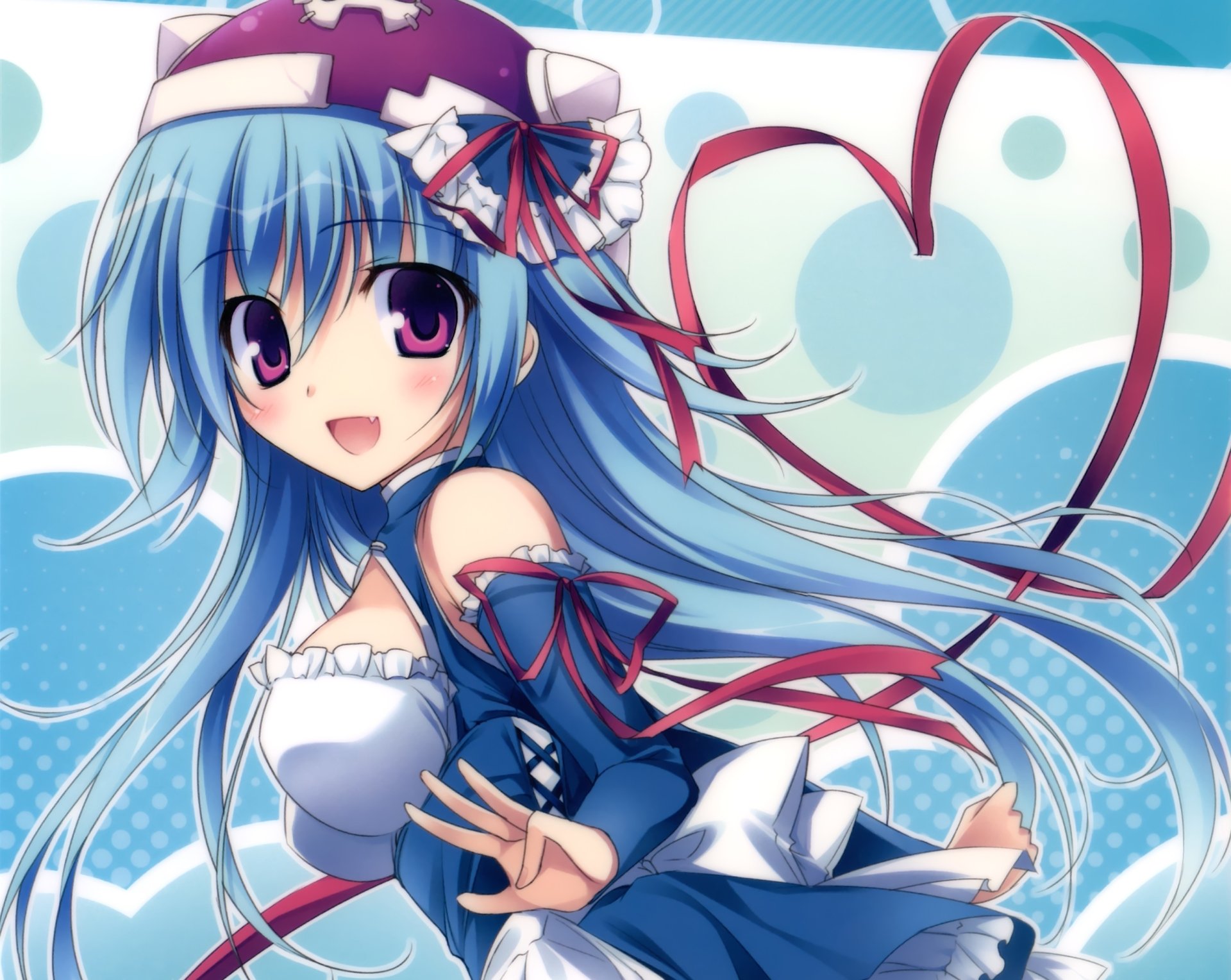 Original anime 2K Quad HD PC desktop wallpaper: smiling, blushing long blue‑haired girl with pink eyes wearing an apron and hat, ribbons trailing into a heart shape.