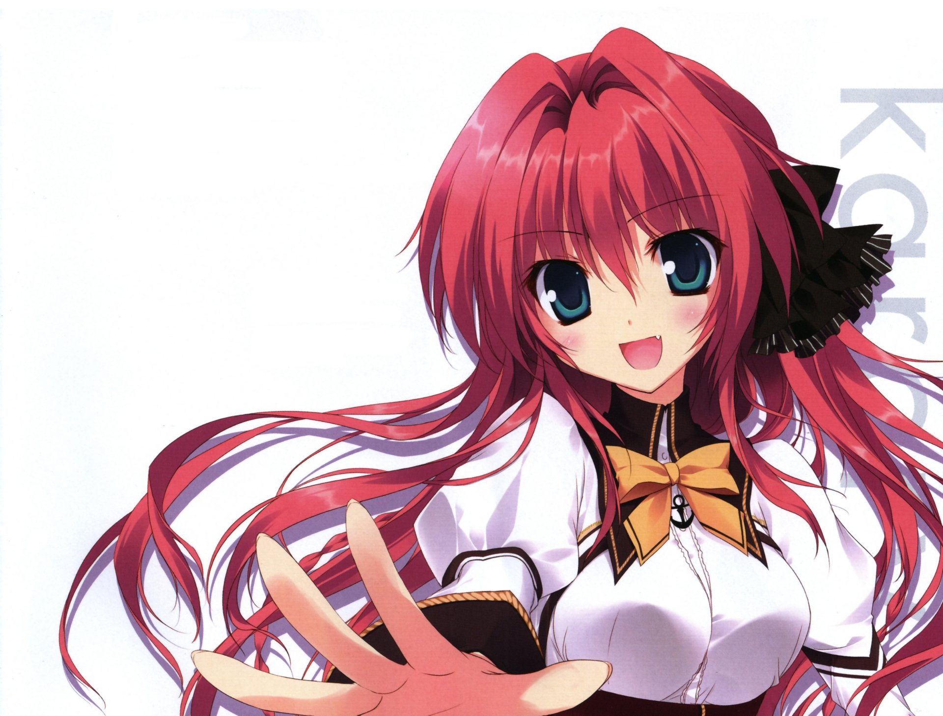 Anime original: smiling long red-haired girl with green eyes, a blush and a large bow on her outfit — vibrant 5K Ultra HD PC desktop wallpaper/background.