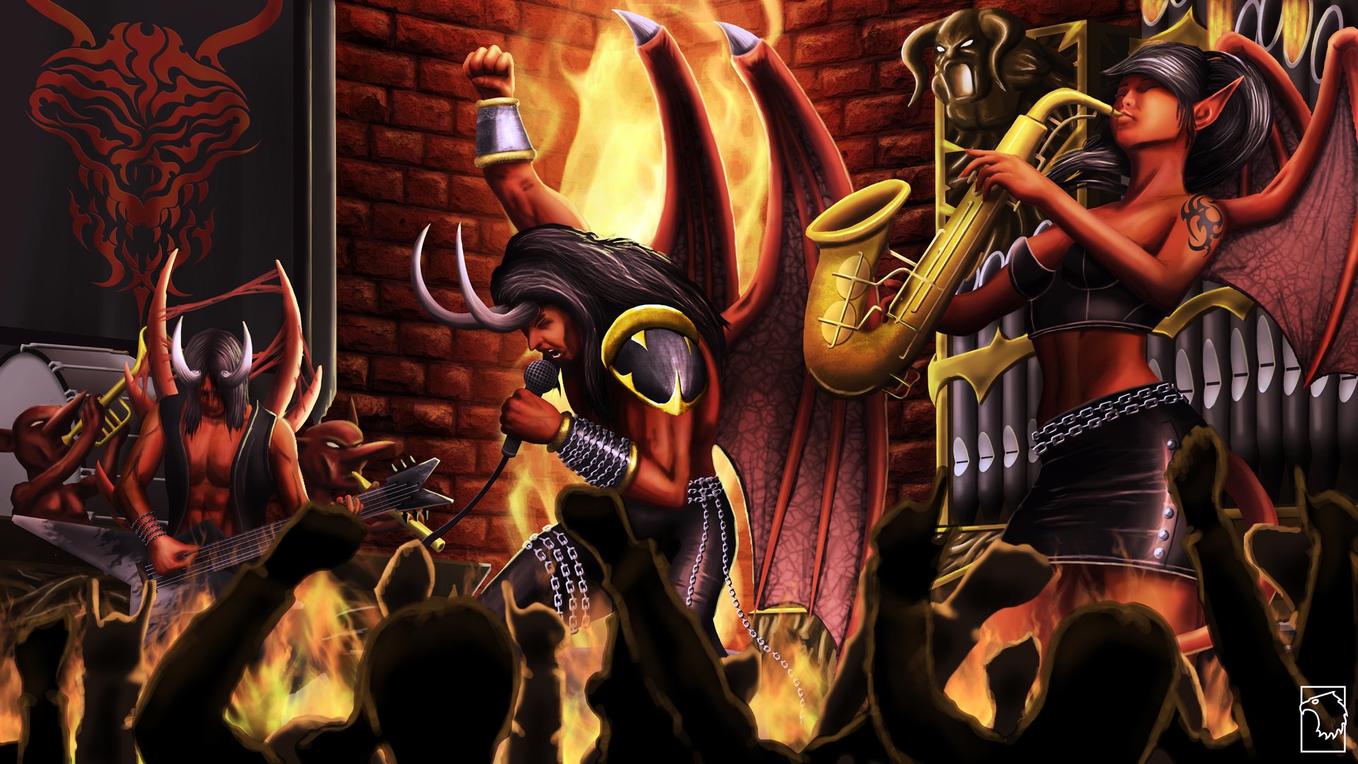 HD PC desktop wallpaper and background of a fantasy demon band: winged, horned musicians with guitar, saxophone and other instruments on a blazing stage before a fiery crowd.