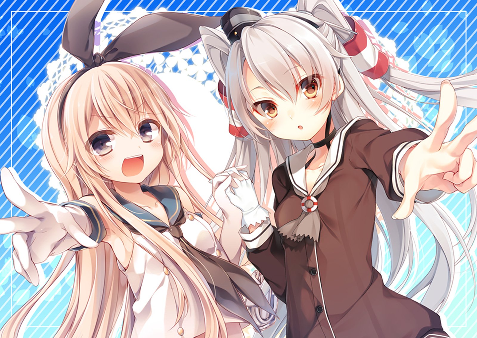 HD PC desktop wallpaper of Kantai Collection anime characters Amatsukaze (silver-haired) and Shimakaze (blonde with bunny ribbon) posing cheerfully against a blue striped background.