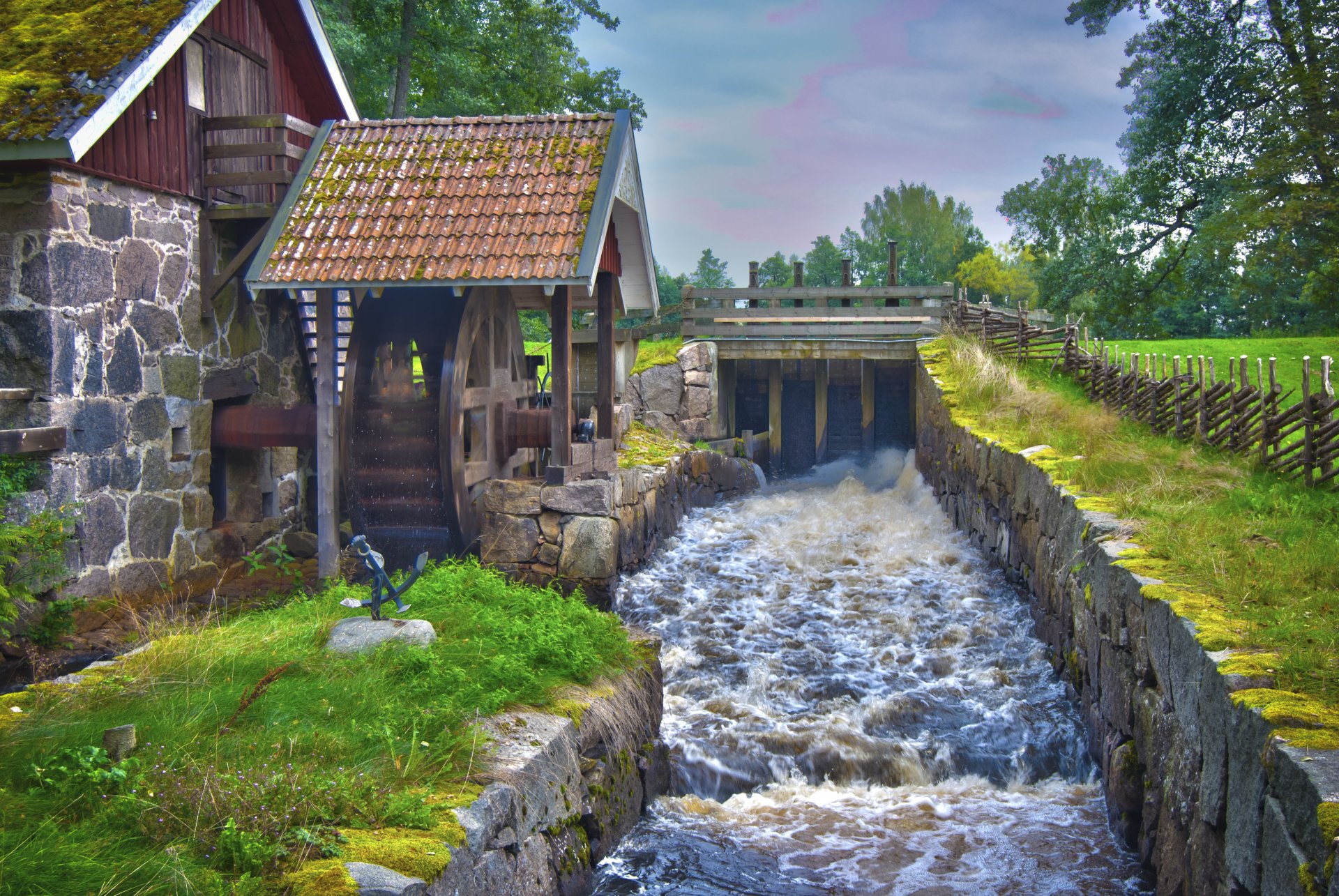 Download Building Stream Man Made Watermill 4k Ultra HD Wallpaper