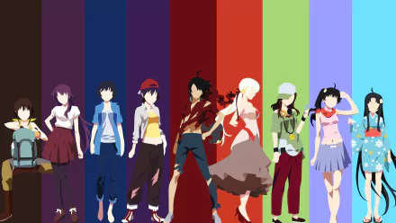 HD desktop wallpaper featuring characters from the anime series Monogatari, including Tsukihi Araragi, Karen Araragi, Izuko Gaen, Kiss-shot, Koyomi Araragi, Suruga Kanbaru, Tsubasa Hanekawa, Hitagi Senjōgahara, Mayoi Hachikuji.