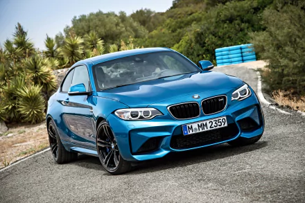 Blue BMW M2 sports car parked on a roadside with trees and barriers, 5K Ultra HD PC desktop wallpaper and background showcasing a sleek BMW vehicle.