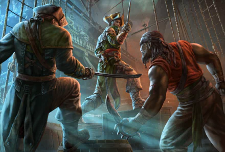 HD PC desktop wallpaper: fantasy pirate sword fight aboard a ship — a captain and two knife-wielding fantasy warriors clash beneath rigging and moonlight.