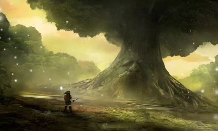 HD desktop wallpaper of The Legend of Zelda: Ocarina of Time, featuring Link standing before a grand tree in a mystical landscape.