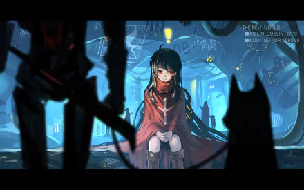 HD anime desktop wallpaper featuring an original character with long hair and red eyes, sitting in a mysterious blue-lit environment with silhouetted figures.
