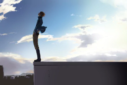A silhouette of Yūichi Jin from the anime World Trigger stands atop a building, gazing out at a vast sky filled with clouds, creating an evocative desktop wallpaper.