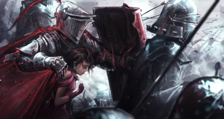 HD desktop wallpaper featuring a fantasy warrior in armor with a shield, protecting a woman against another armored knight in a dramatic battle scene.