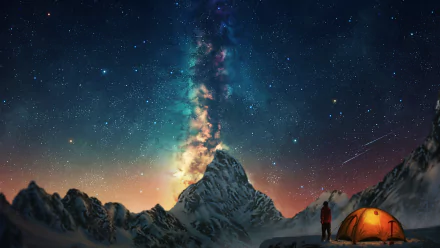 A snow-covered mountain under a starry, aurora-filled sky with a comet streaking through. A person stands next to a glowing tent, immersed in the fantasy landscape. HD desktop wallpaper and background.