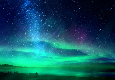 A fantasy HD desktop wallpaper featuring the mesmerizing aurora australis over a tranquil lake, with a star-filled night sky creating a stunning backdrop.