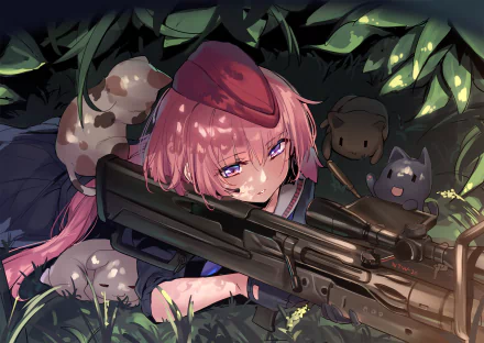 A stunning HD wallpaper from the video game Girls Frontline features a character with pink hair in a green, leafy setting, wielding a gun alongside playful stuffed animals.