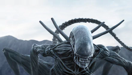 HD desktop wallpaper and background featuring a menacing alien from the movie Alien: Covenant against a mountainous backdrop.