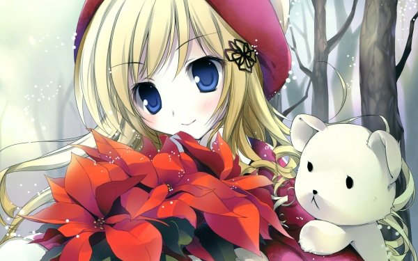 Anime Girl Long Hair Blonde Blue Eyes Flower Teddy Bear Snow Hat Smile Blush HD Wallpaper | Background Image