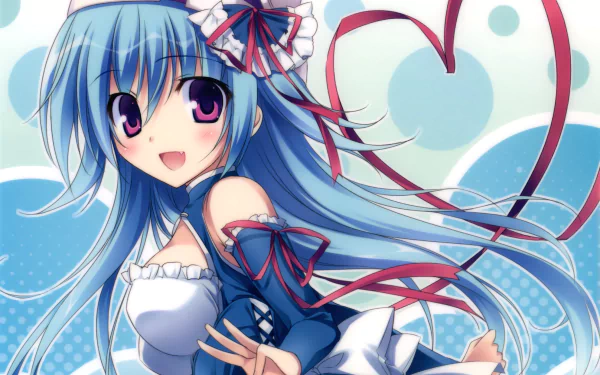 Original anime 2K Quad HD PC desktop wallpaper: smiling, blushing long blue‑haired girl with pink eyes wearing an apron and hat, ribbons trailing into a heart shape.