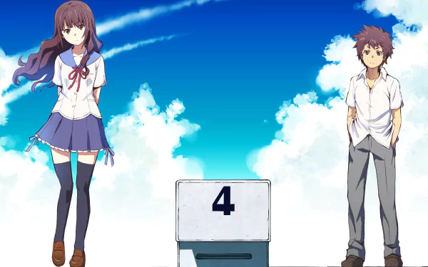 HD desktop wallpaper featuring characters from the anime Uchiage Hanabi, Shita kara Miru ka? Yoko kara Miru ka? against a vibrant blue sky with clouds.