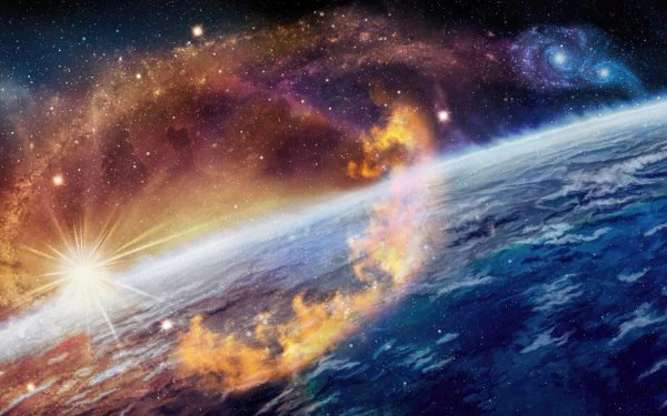 HD sci-fi desktop wallpaper depicting space with a vibrant cosmic scene, featuring a galaxy with a colorful nebula, stars, and a bright sun rising over Earth.