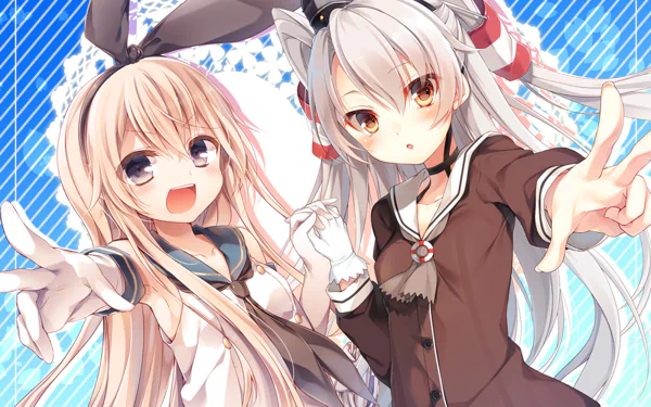 HD PC desktop wallpaper of Kantai Collection anime characters Amatsukaze (silver-haired) and Shimakaze (blonde with bunny ribbon) posing cheerfully against a blue striped background.
